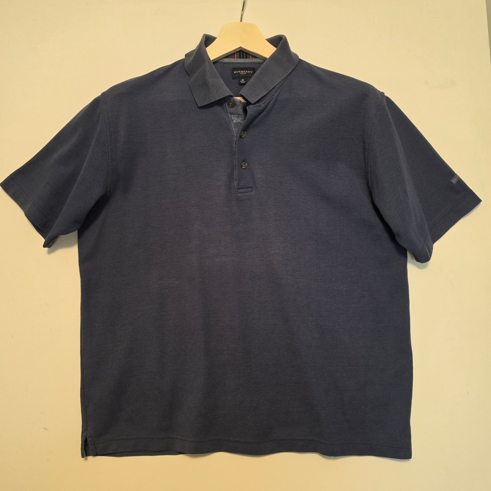 Burberry Golf Polo Shirt Solid Navy Blue Pique Knit Short Sleeve Men's Medium